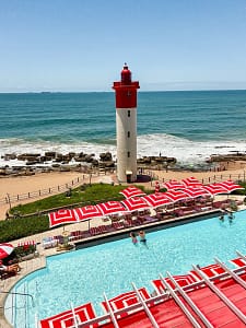Views down to the pool, beach and Lighthouse from the Lighthouse Bar at the Oyster Box Umhlanga, Kwa-Zulu Natal group tour