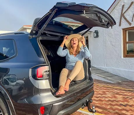 Creating content for Ford. Bernie sitting in the boot of the new Ford