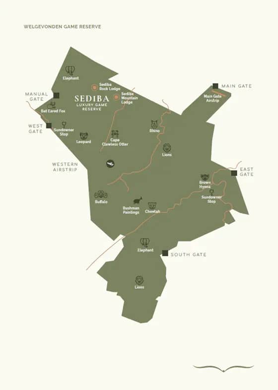 A Map of the Welgevonden Game Reserve showing Sediba's proximity to West gate