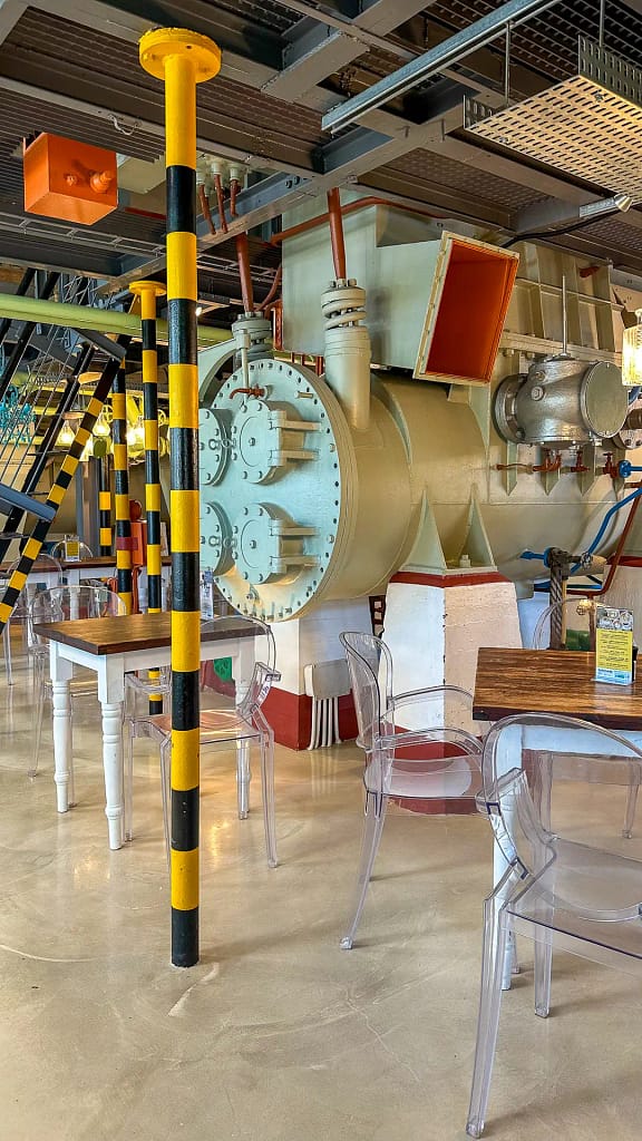 The unique interior of the Turbine Hotel. The dining area features the olf Turbine engines