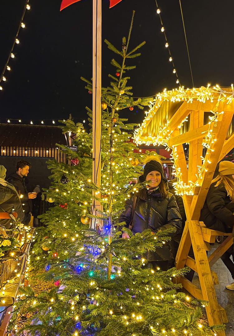 Christmas trees with lights and decorations