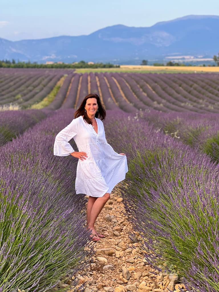 Lady wearing a white dress in the lavender fields