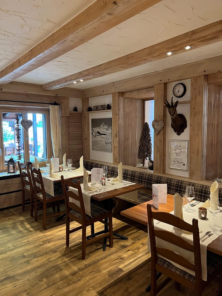 A traditional dining room in a Switzerland hotel in Grächen