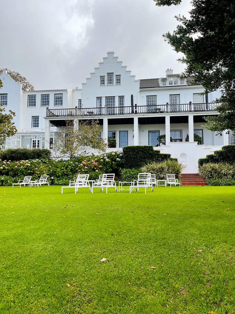 View of the Cellars-Hohenort gardens and dinng patio, Constantia