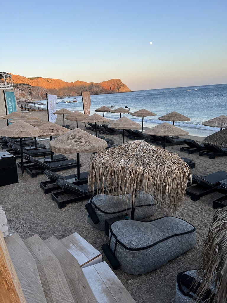 Milos, beach views of with cabanas and beach bean bags