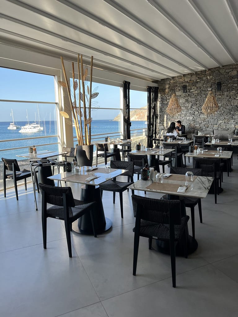 The Roots restaurant with spectacular ocean views in Milos, Greece