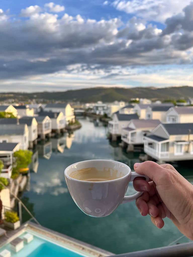 Enjoying our morning coffee against this magnificent Back drop - Views of Thesen Island and the canals