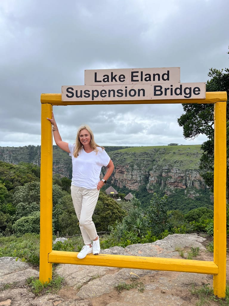 Bernie at the suspension bridge at Lake Eland in South Africa