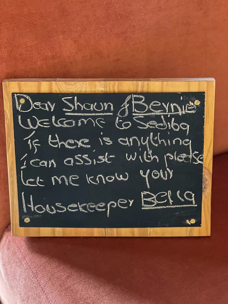 Our welcome note in our room from our housekeeper Bella