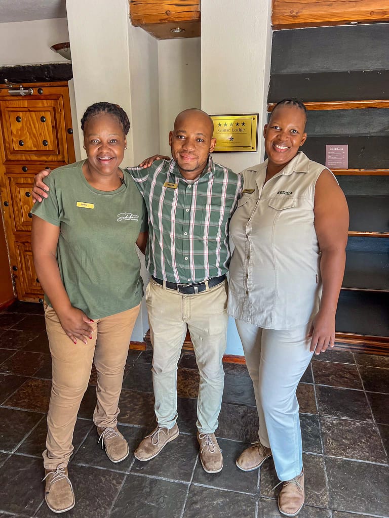 The Friendly and attentive staff of Sediba Luxury Safari Lodge. LTR: Martha, Martin and Lydia