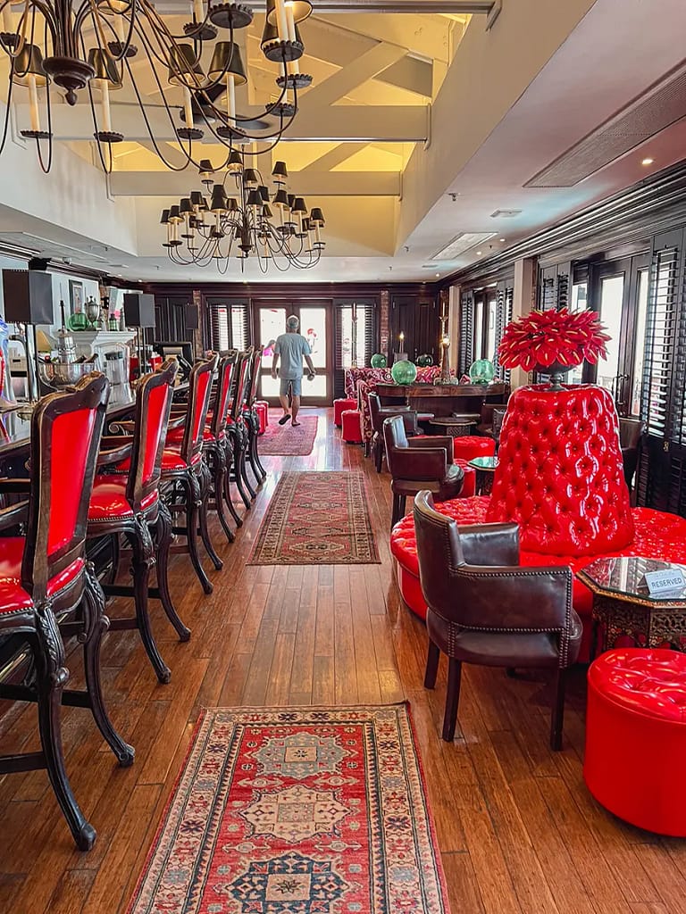 Interior views of Lighthouse Bar at the Oyster Box Umhlanga, Kwa-Zulu Natal with cosy fireplace in winter
