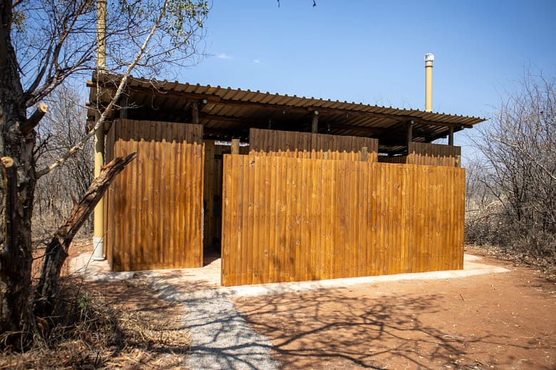 Wooden bathrooms in the bush veld. One of the newly constructed bathrooms of two units