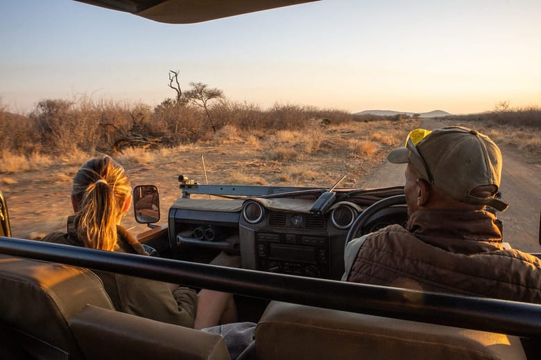A guest and game ranger in a vehicle looking at the wildlife