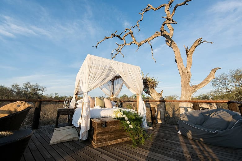 Lion Sands outdoor sleeping honeymoon platform in the middle of the bushveld