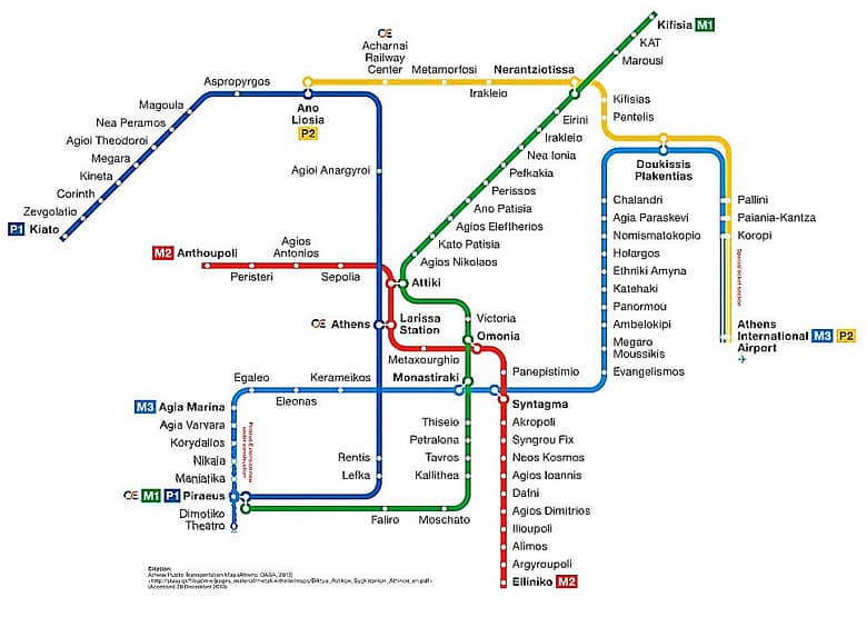 The Metro map of Athens, Greece