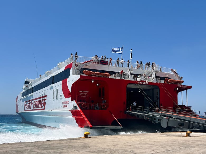 Greek ferry in a ferry harbour. Griechische Fähre im Hafen