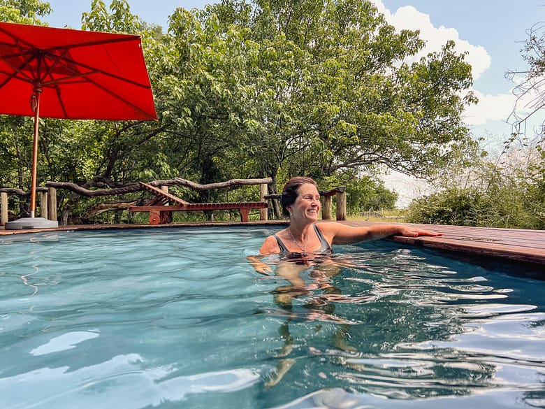 Petra doing game viewing from the pool in Botswana