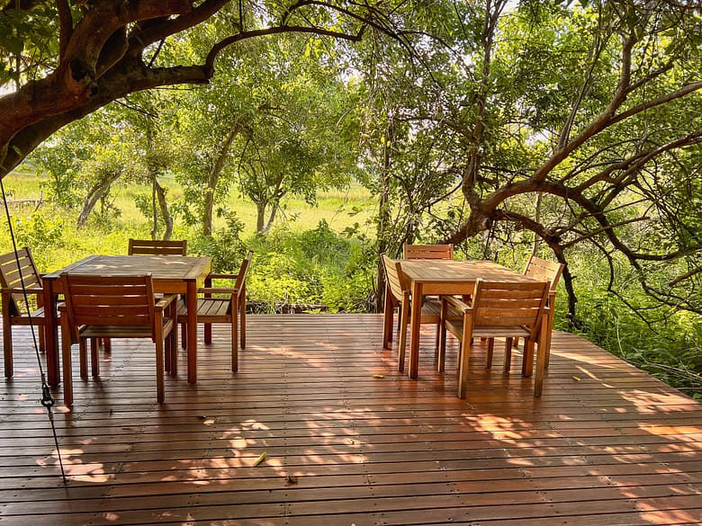 The tranquil outside dining ear of the safari lodge