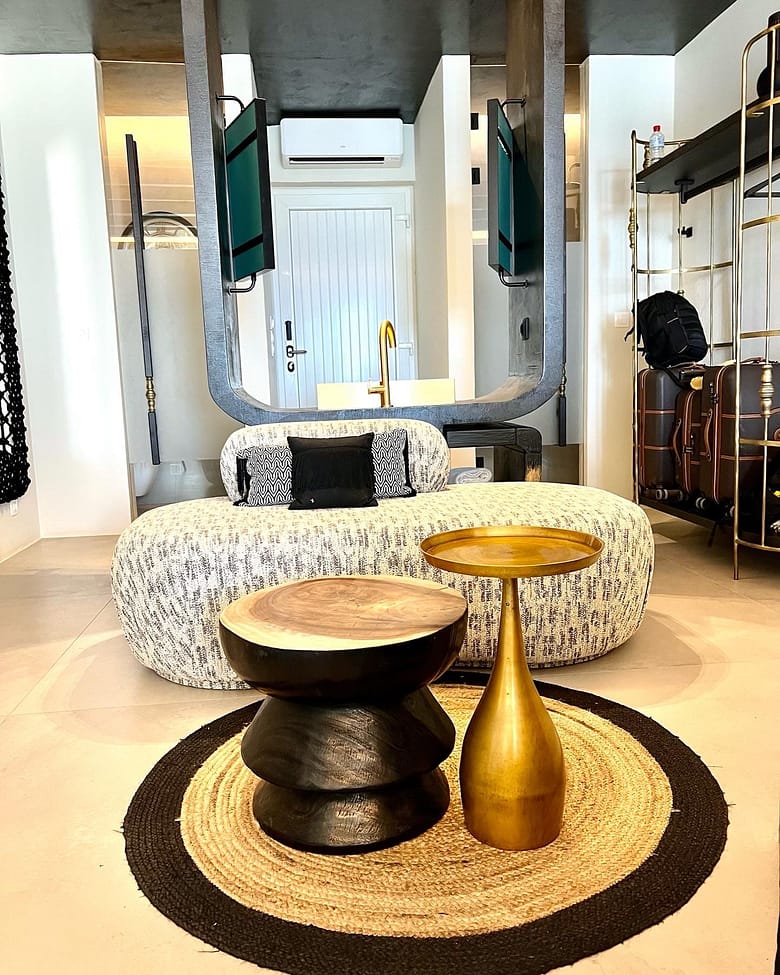 Minimalist interior yet super stylish and exclusive deluxe room at Artemis Hotel in Milos, Greece
