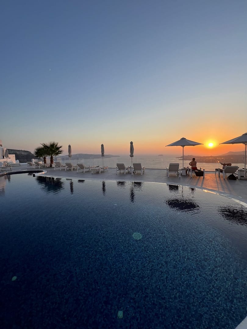 Sunset views of the Caldera from the Volcano view hotel, Santorini