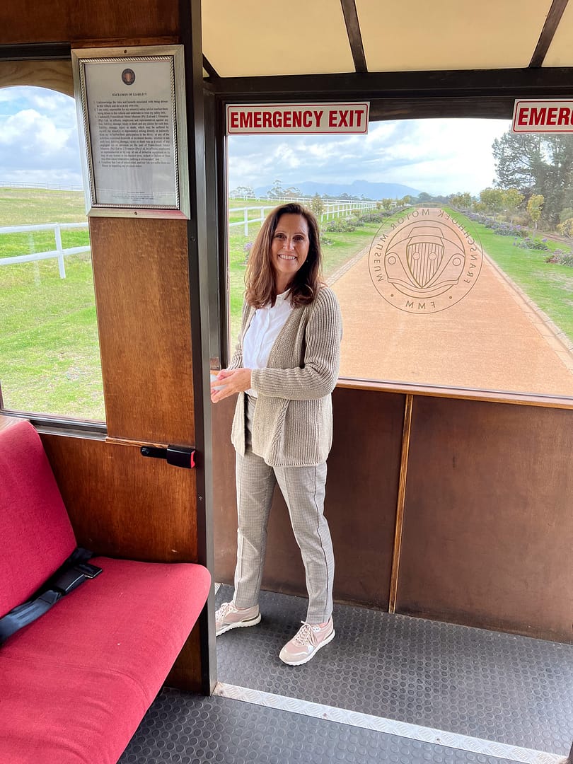 Petra on the tram of the Franschhoek Motor museum