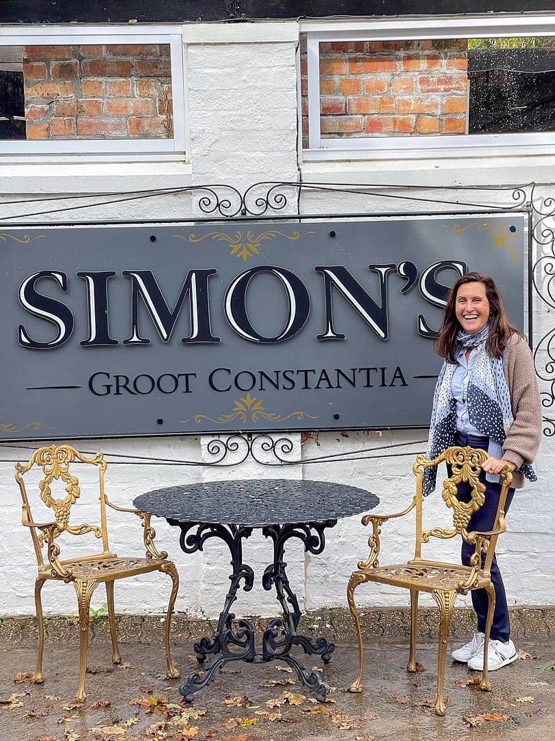 Petra standing in front of Simon's restaurant at Groot Constantia